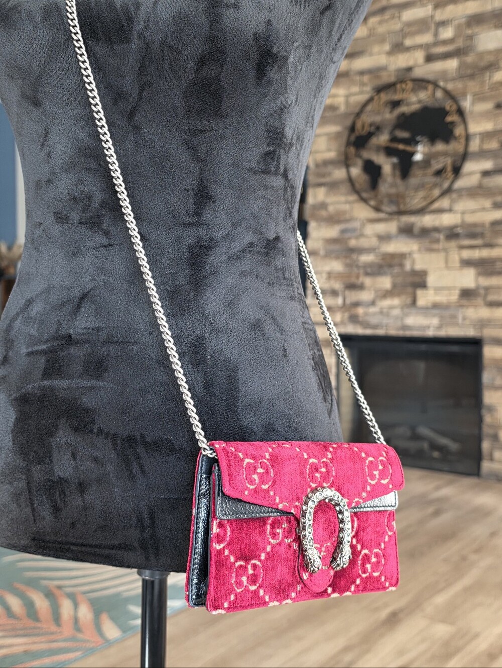 Authentic Gucci Hot Red GG Velvet Crossbody with Silver Chain